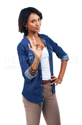 Buy stock photo Hand sign, ok meme and portrait of woman with smile on face, agreement and understanding isolated on white background. Motivation, approval and good job finger gesture, happy woman standing in studio