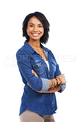 Buy stock photo Black woman, portrait and arms crossed with white background, studio and happiness in Atlanta. Happy female model, confidence and crossed arms on studio background with denim fashion, smile and trust