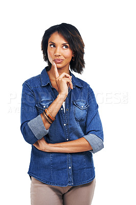 Buy stock photo Doubt, thinking and black woman on studio background question ideas, mindset or planning to remember memory. Inspiration, decision and model on white background wondering for dream, solution and hope