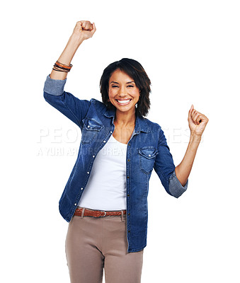 Buy stock photo Winner, success celebration and portrait of woman in studio isolated on white background. Face, winning and happy and excited female model celebrate victory, triumph or goal achievement with a smile.