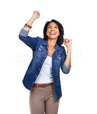 Buy stock photo Winner, excited and success celebration of woman in studio on a white background mock up. Face, winning and happy female model celebrating victory, triumph or goal achievement, good news or lottery.