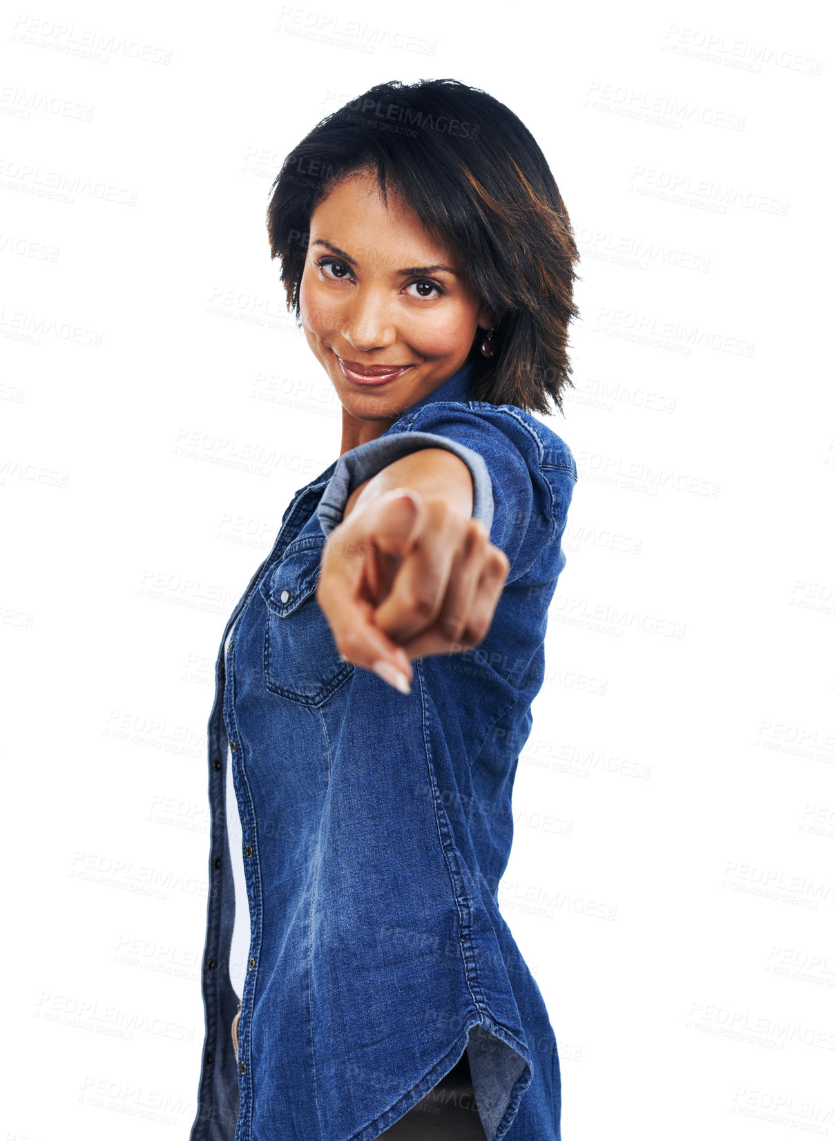 Buy stock photo Portrait, pointing and choice with a black woman in studio isolated on a white background with a hand sign or gesture. Face, smile and happy with an attractive female choosing an option with a point