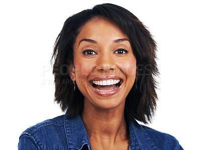 Buy stock photo Portrait, face and surprise with an excited black woman looking enthusiastic in studio on a white background. Wow, happy and expression with an attractive female feeling positive or carefree