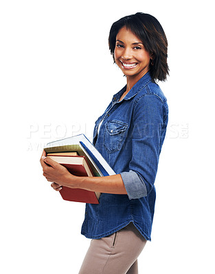 Buy stock photo Portrait, happy or black woman with books or education in studio excited with learning development. Smile, student or creative African school girl smiles in university or college with for knowledge