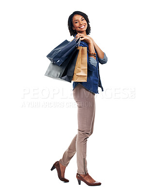 Buy stock photo Fashion, shopping or happy customer with smile or clothes in studio on white background with marketing mockup space. Sale, black woman or girl with shopping bags on discount deal or promotional offer