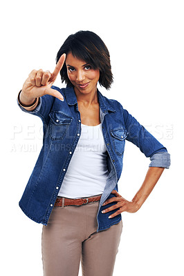 Buy stock photo Comic, playful and portrait of a black woman with a loser sign isolated on a white background. Expression, happy and girl with a hand gesture to bully, attitude and sassy on a studio background