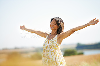 Buy stock photo Smile, freedom and woman with arms raised at field outdoor in the countryside in spring. Happy person in nature, eyes closed and relax in garden or farm, breathe fresh air to enjoy vacation or travel
