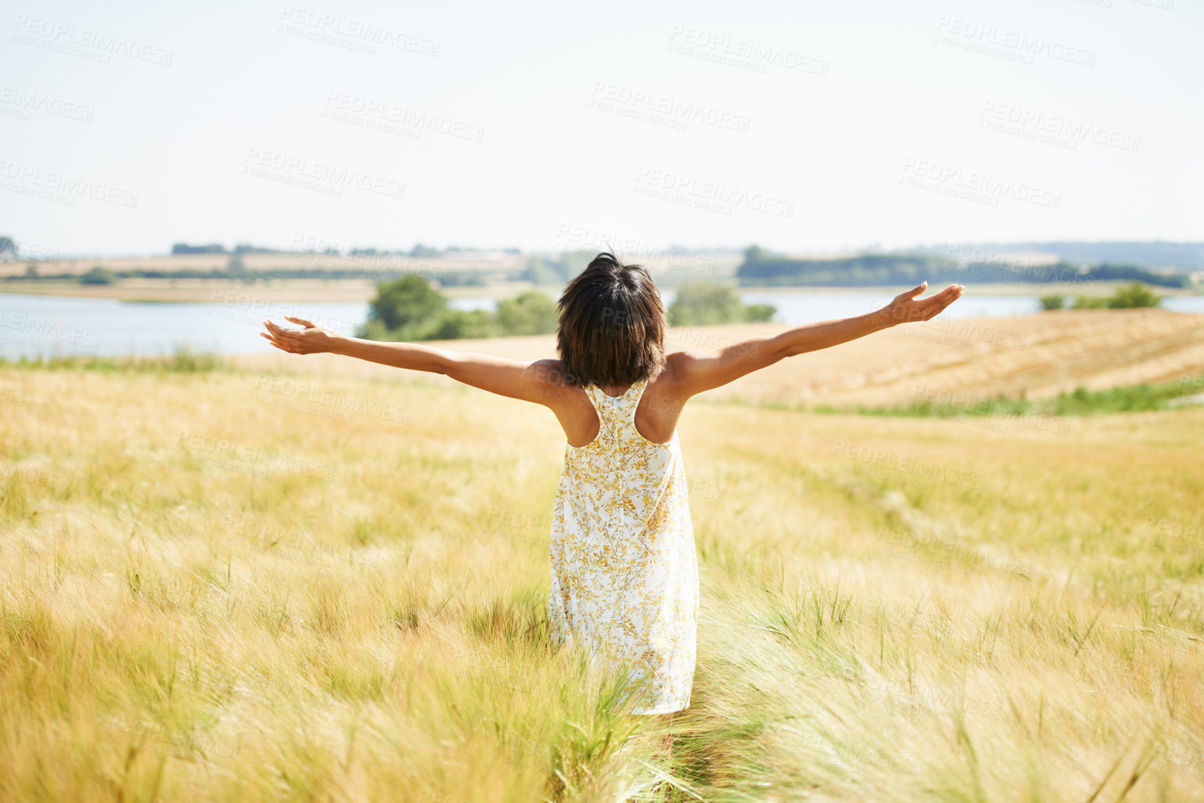 Buy stock photo Back, freedom and woman with open arms at field in the countryside outdoor in summer mockup. Rear view, person in nature and carefree at farm, grass and enjoy fresh air on vacation, holiday or travel