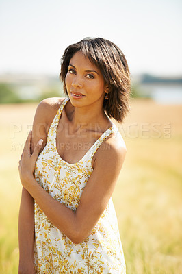 Buy stock photo Portrait, confidence and woman in the countryside or field in summer outdoor, beauty and health. Face, young person at farm and nature, garden or travel on holiday, vacation and tourism in Brazil