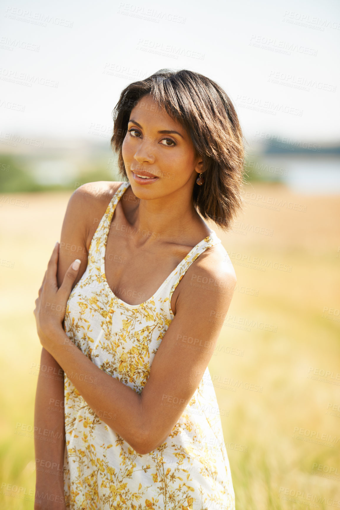 Buy stock photo Portrait, confidence and woman in the countryside or field in summer outdoor, beauty and health. Face, young person at farm and nature, garden or travel on holiday, vacation and tourism in Brazil