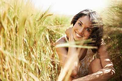 Buy stock photo Portrait, smile and woman in wheat field in the countryside in summer outdoor, beauty and health. Face, happy person at farm and nature, garden and travel on holiday, vacation and relax in Brazil