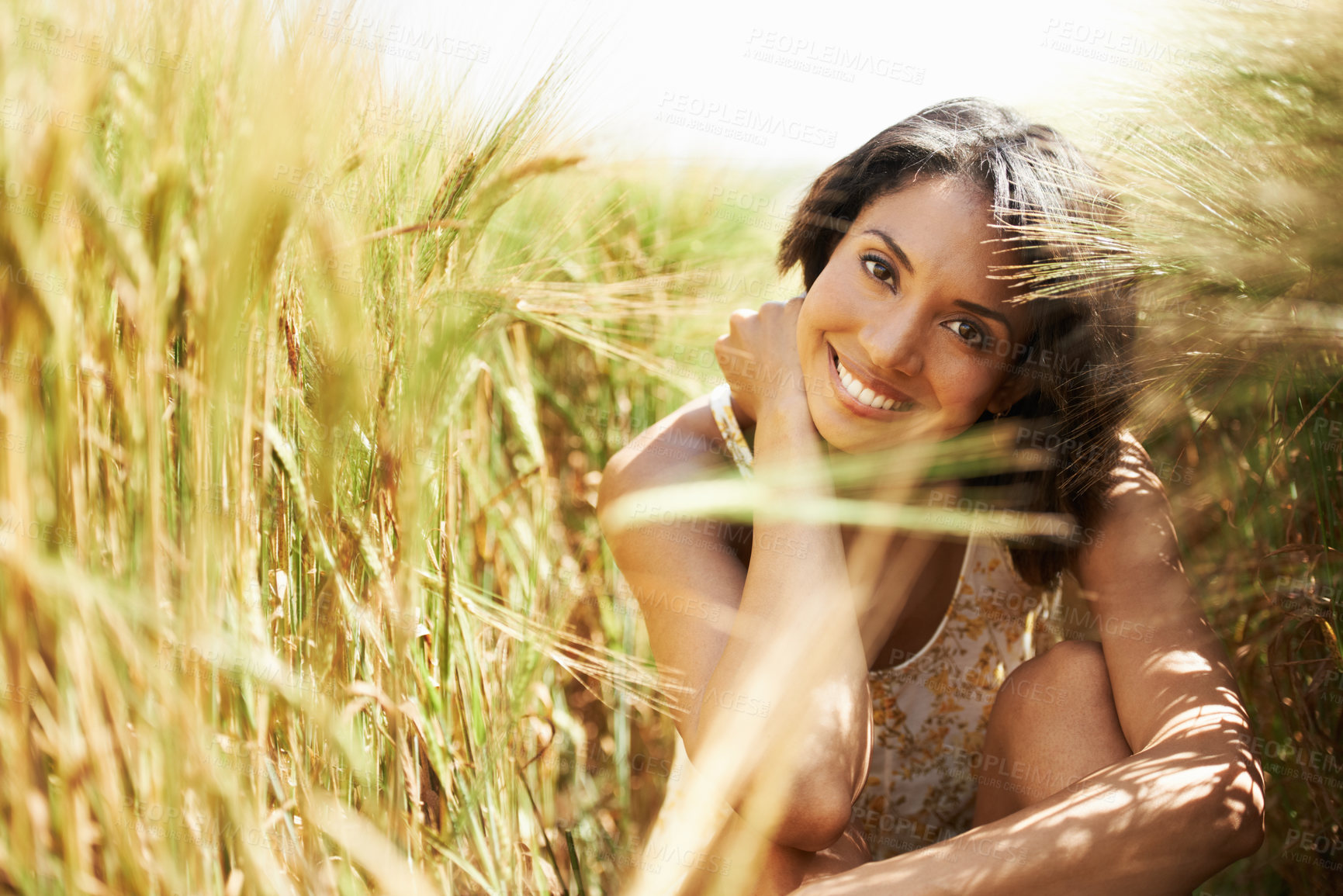 Buy stock photo Portrait, smile and woman in wheat field in the countryside in summer outdoor, beauty and health. Face, happy person at farm and nature, garden and travel on holiday, vacation and relax in Brazil