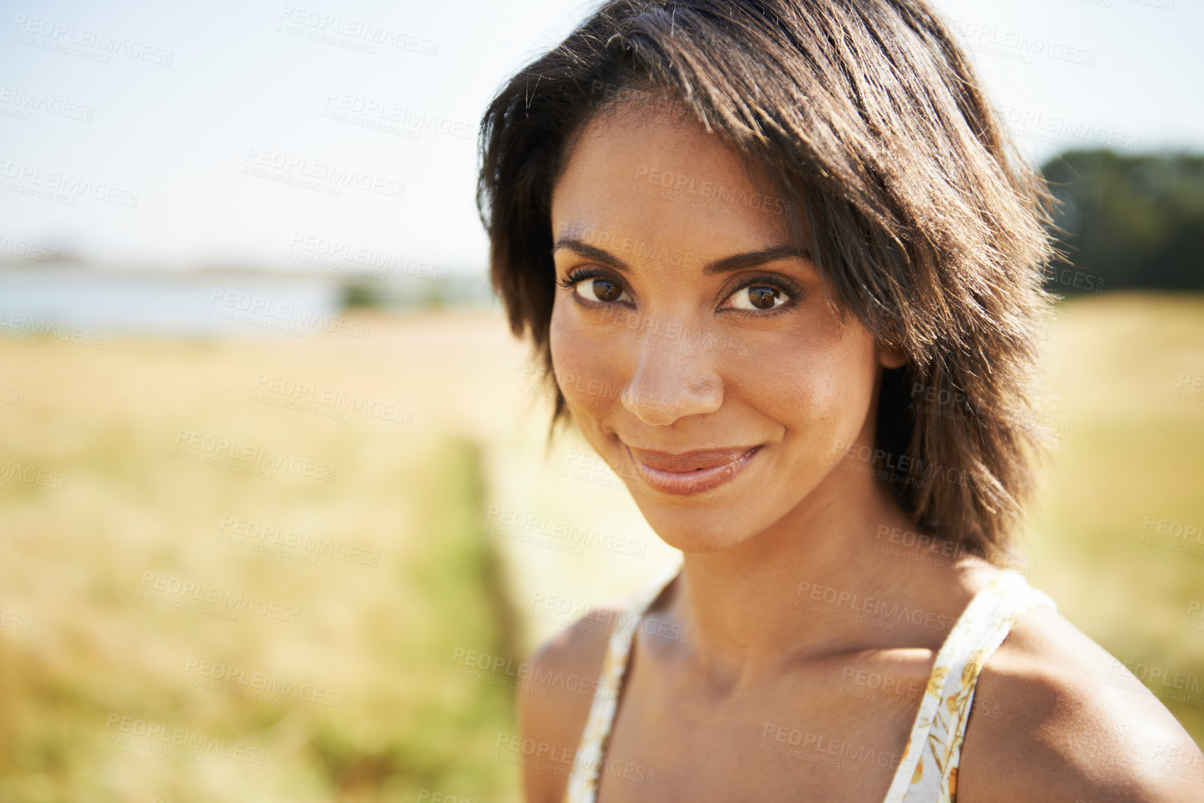 Buy stock photo Portrait, relax or happy woman in a field, nature or outdoor park in spring for freedom on break. Smile, wellness or female person in farm for fresh air on holiday vacation or travel in countryside