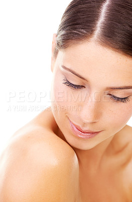 Buy stock photo Skincare, woman and happy in studio with beauty, cosmetic and facial wellness for shine on white background. Person, face or confidence for glow treatment, healthy aesthetic or dermatology on mock up