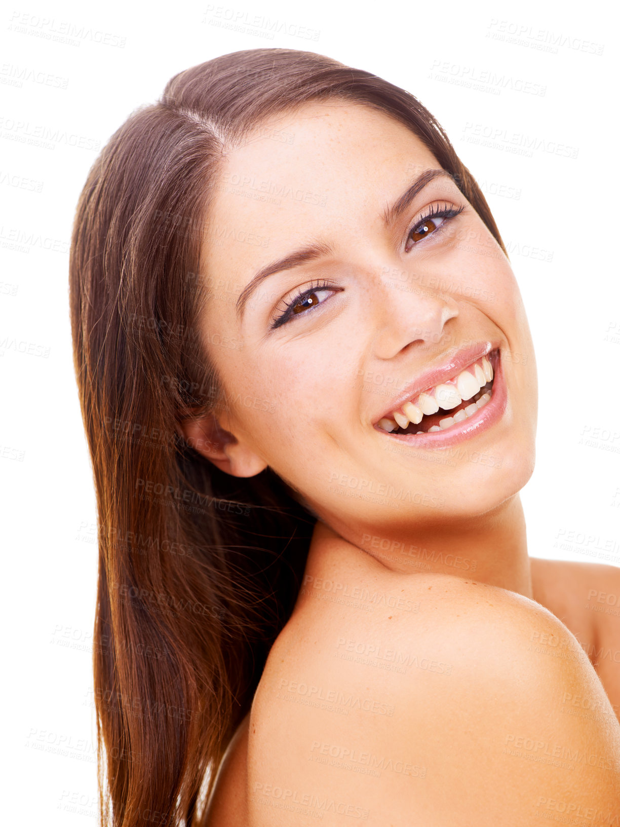 Buy stock photo Woman, smile and portrait of skincare in salon, spa or studio with white background for cosmetic dermatology. Healthy, skin and natural facial results with happy, wellness and beauty from cosmetics