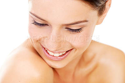 Buy stock photo Skincare, woman and happy in studio with beauty, cosmetic and facial wellness for shine on white background. Person, face and smile for glow treatment, healthy aesthetic or dermatology and wellbeing