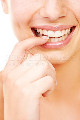 Buy stock photo Smile, finger in mouth and woman on a white background for wellness, oral hygiene and dentistry. Healthcare, dentist and closeup of face of person for teeth whitening, cleaning and dental in studio