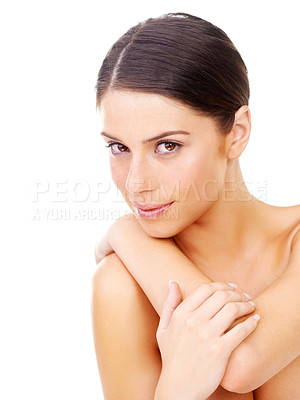 Buy stock photo Skincare, portrait and woman in studio for body care, wellness or glowing skin treatment on white background. Beauty, face and female model with natural cosmetics results, dermatology or satisfaction