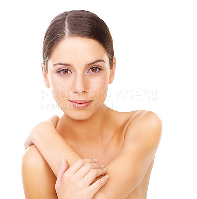 Buy stock photo Portrait, skincare and woman in studio for body care, wellness or glowing skin treatment on white background. Beauty, face and female model with natural cosmetics results, dermatology or satisfaction