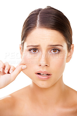 Buy stock photo Skin care, pinch and portrait of woman with problem, stress or cheek inspection on white background. Aging, anxiety or model face with beauty crisis, acne or dermatology, pimple and allergic reaction
