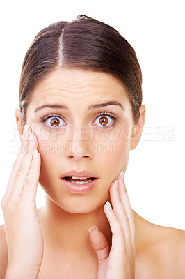 Buy stock photo Skincare, stress and portrait of woman in studio with wow reaction to dermatology problem on white background. Omg, beauty and face of lady model shocked by allergic reaction, damage or acne breakout