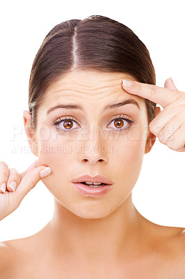 Buy stock photo Woman, thinking and plastic surgery on face for wrinkles, anti aging and skincare in white background. Facial, treatment and girl with ideas for self care, cosmetics and healthy skin dermatology 