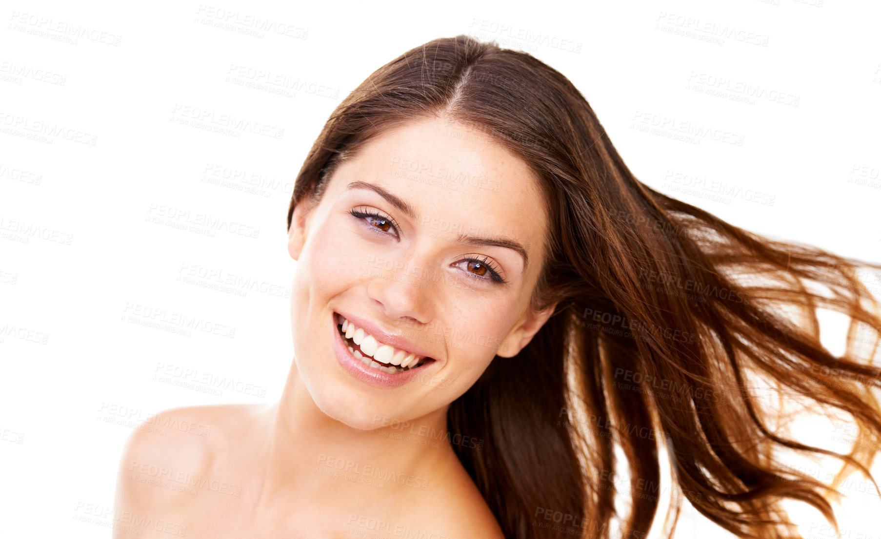 Buy stock photo Hair care, woman and portrait or happy in studio with cosmetics, collagen and healthy texture. Person, face or smile for shampoo glow, shine or results on white background with beauty treatment