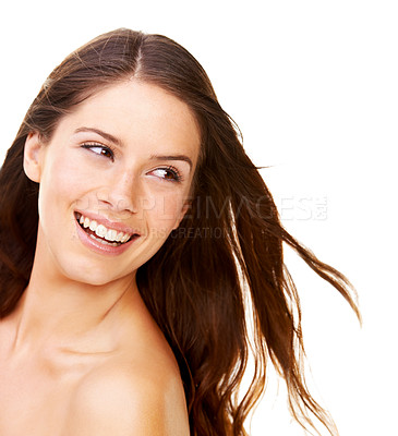 Buy stock photo Hair care, woman and beauty with smile in studio with cosmetics, collagen and healthy texture. Person, face or happiness for shampoo glow, shine or results on white background with growth treatment