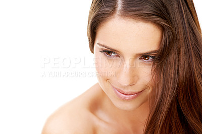 Buy stock photo Woman, face and beauty and happy in studio for hair care, keratin treatment and healthy texture. Person, smile and skincare with pride, facial glow or shine and cosmetic on white background or mockup