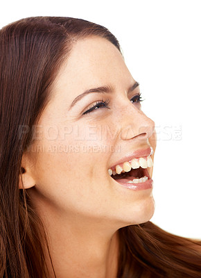 Buy stock photo Face, funny and a woman laughing in studio isolated on a white background for comedy or humor. Beauty, skincare and smile with a happy young model enjoying a meme or joke closeup for cosmetics