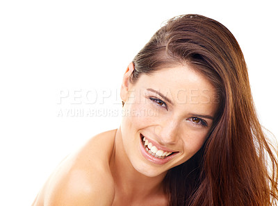 Buy stock photo Skincare, woman and smile in studio with beauty, cosmetic and facial wellness for shine on white background. Person, face and happiness for glow treatment, healthy aesthetic or dermatology on mock up
