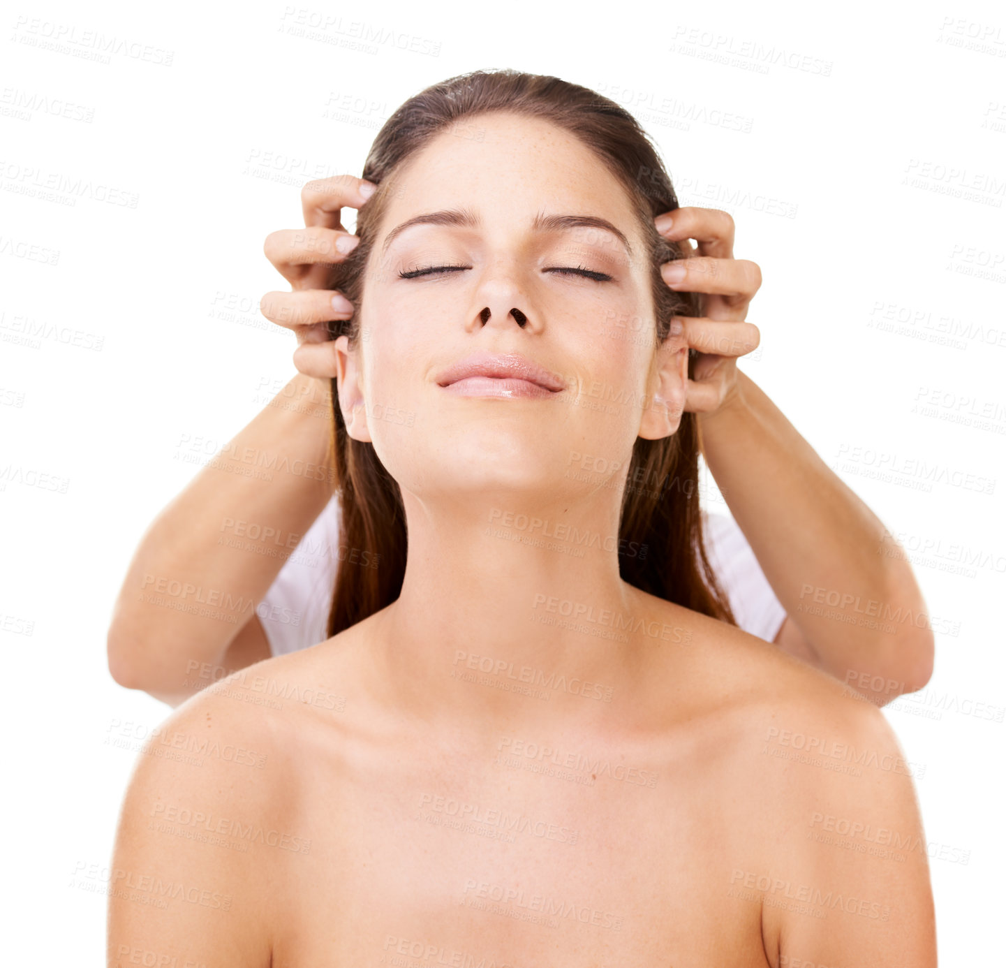 Buy stock photo Woman, client and head massage or therapist hand in studio or white background, self care or relax. Female person, face and rest scalp treatment as stress free or weekend spa happy, relief or healing