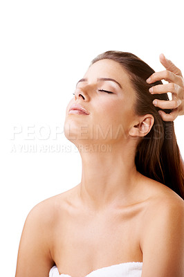 Buy stock photo Woman, head and massage for relax in studio or white background, self care or peace service. Female person, client and face or rest scalp treatment as stress free or weekend spa happy, relief or zen
