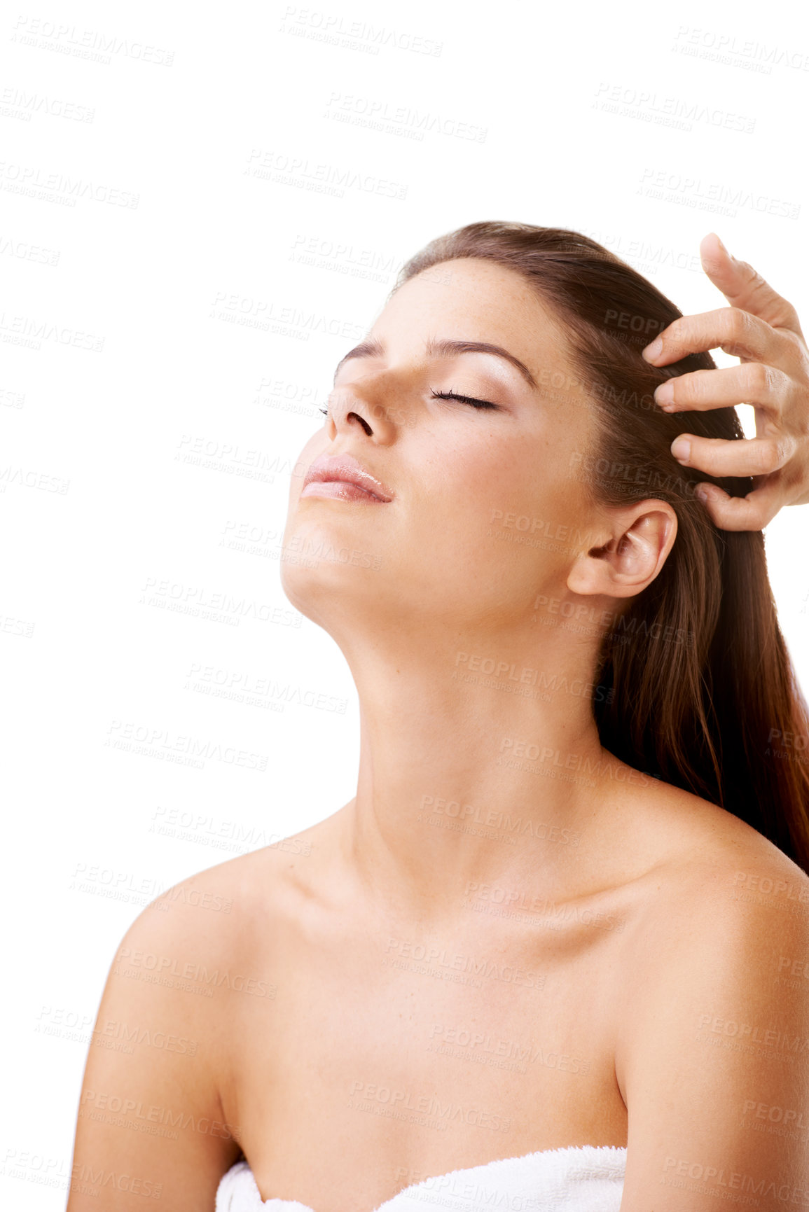Buy stock photo Woman, head and massage for relax in studio or white background, self care or peace service. Female person, client and face or rest scalp treatment as stress free or weekend spa happy, relief or zen