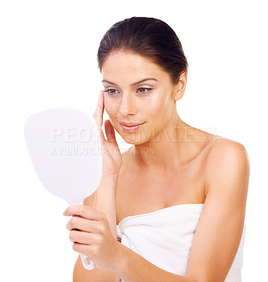 Buy stock photo Happy woman, mirror and skincare for makeup, beauty or product isolated against a white studio background. Female person or model applying lotion, cream or treatment for facial cosmetics on face