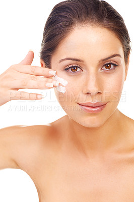Buy stock photo Portrait, beauty and cream with a natural woman in studio isolated on a white background for wellness. Facial, skincare and luxury lotion with a confident young model looking to apply a product