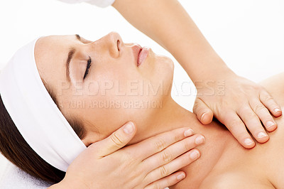 Buy stock photo Hands, relax and massage with a woman customer closeup in a studio isolated on a white background. Face, spa and wellness with a young person in a salon for physical therapy or skincare treatment