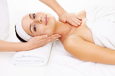 Buy stock photo Portrait, massage and smile with a woman customer at the spa from above to relax during luxury treatment. Face, hands and salon with a young person on a table for wellness, hospitality or therapy