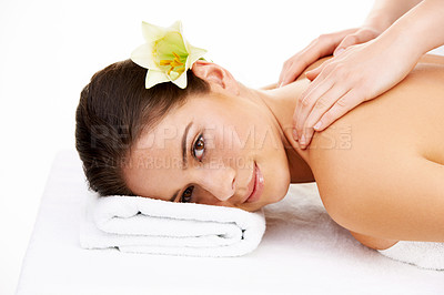 Buy stock photo Portrait, hands for massage and woman with a flower on her head at the spa isolated on a white background. Face, beauty and luxury wellness with a young customer at a studio salon for treatment