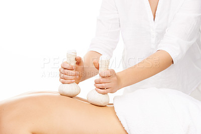 Buy stock photo Spa, hot compress and masseuse for massage, treatment and salon care on towel. Skincare, dermatology and therapist with person for relax, calm and wellness for luxury cosmetics on white background