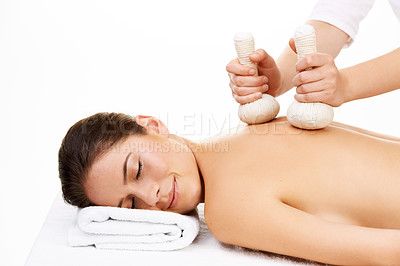 Buy stock photo Spa, hot compress and woman for massage, back treatment and salon care on towel. Skincare, dermatology and masseuse with person for relax, calm and wellness for luxury cosmetics on white background