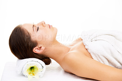 Buy stock photo Woman, sleeping and relax in spa, zen or massage lying isolated on a white studio background. Female person or model asleep in skincare for luxury body therapy, salon or treatment for stress relief