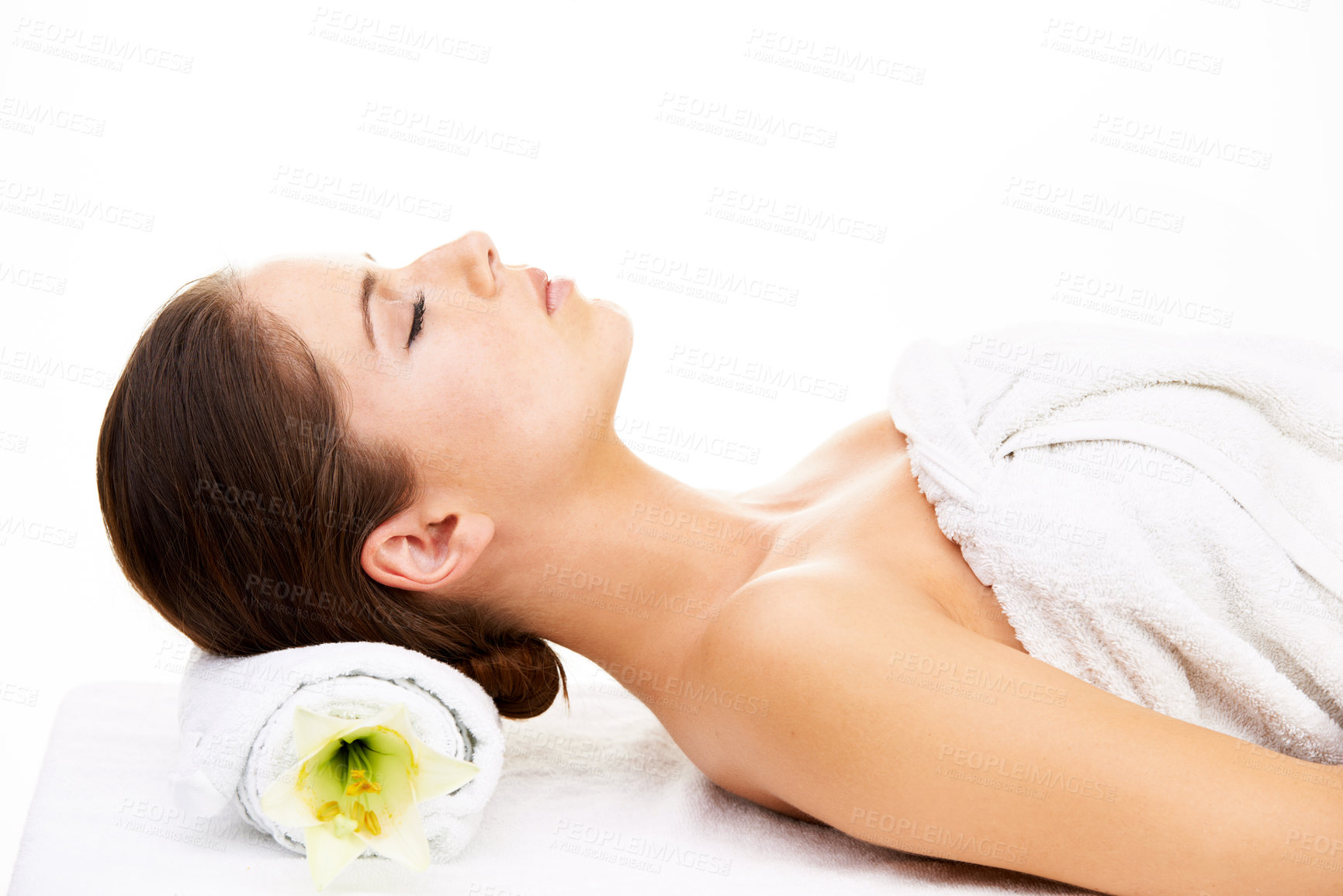 Buy stock photo Woman, sleeping and relax in spa, zen or massage lying isolated on a white studio background. Female person or model asleep in skincare for luxury body therapy, salon or treatment for stress relief