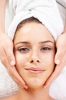 Buy stock photo Portrait, spa massage and hands on face of woman from above at resort for stress relief or wellness. Top view, facial and lady client with masseuse at beauty salon for luxury, skincare or dermatology