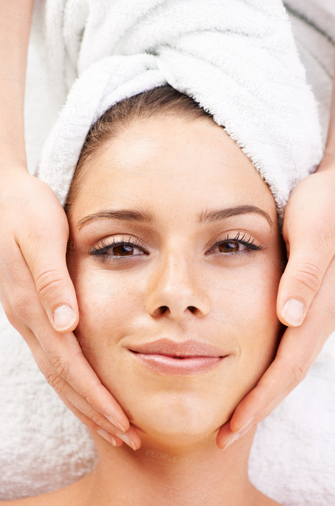 Buy stock photo Portrait, spa massage and hands on face of woman from above at resort for stress relief or wellness. Top view, facial and lady client with masseuse at beauty salon for luxury, skincare or dermatology