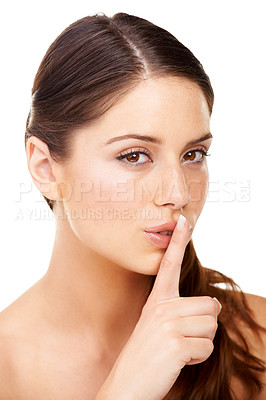 Buy stock photo Woman, skincare and portrait of secret in beauty, cosmetics or dermatology in white background or studio. Whisper, hand gesture and person with confidential, gossip or hush for news announcement