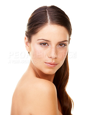 Buy stock photo Skincare, woman and portrait in studio with beauty, cosmetic and facial wellness for shine on white background. Person, face and confidence for glow treatment, healthy aesthetic and dermatology
