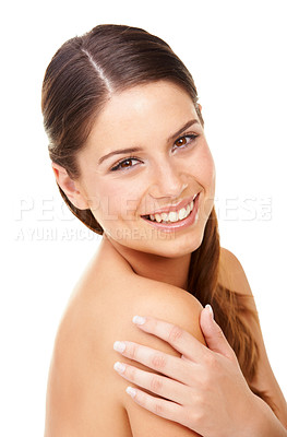 Buy stock photo Studio portrait of a beautiful young woman with perfect skin isolated on white