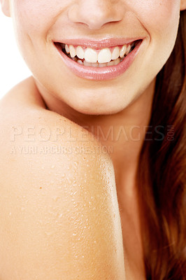 Buy stock photo Closeup, mouth or woman with teeth, smile or dental care with wellness, hygiene or breathing. Person, girl or model with oral health, happiness or dentist treatment with beauty, shine or shoulder