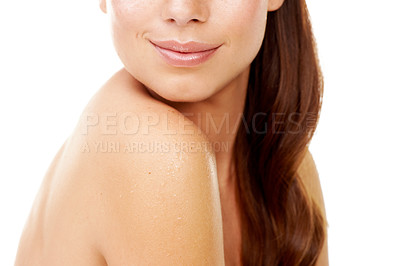 Buy stock photo Body, skincare and woman closeup relax in studio, white background or dermatology in beauty salon or spa. Natural, glow and girl with cosmetics, mockup or collagen treatment for skin wellness